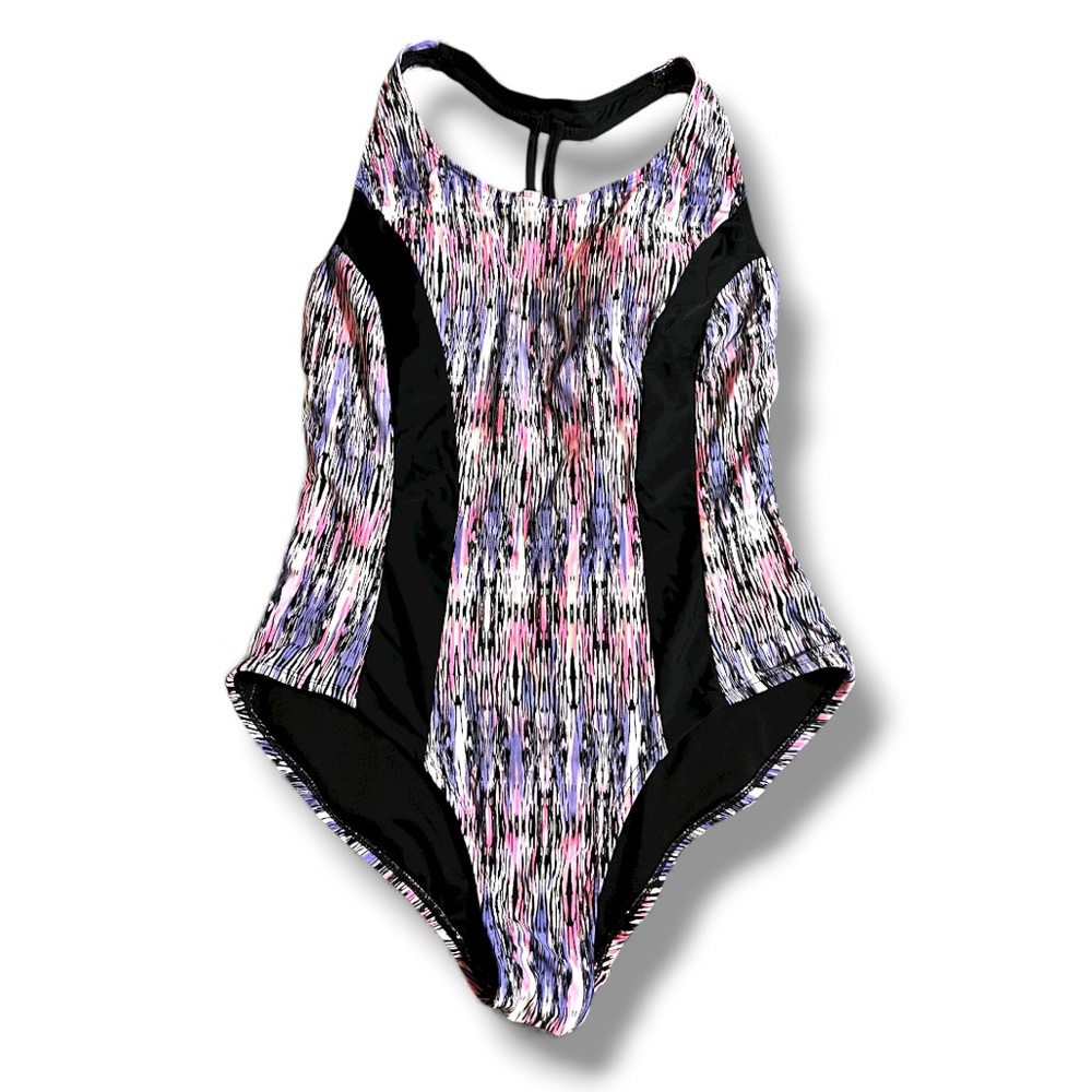 Catalina black, pink, purple one piece swimsuit, built in cups